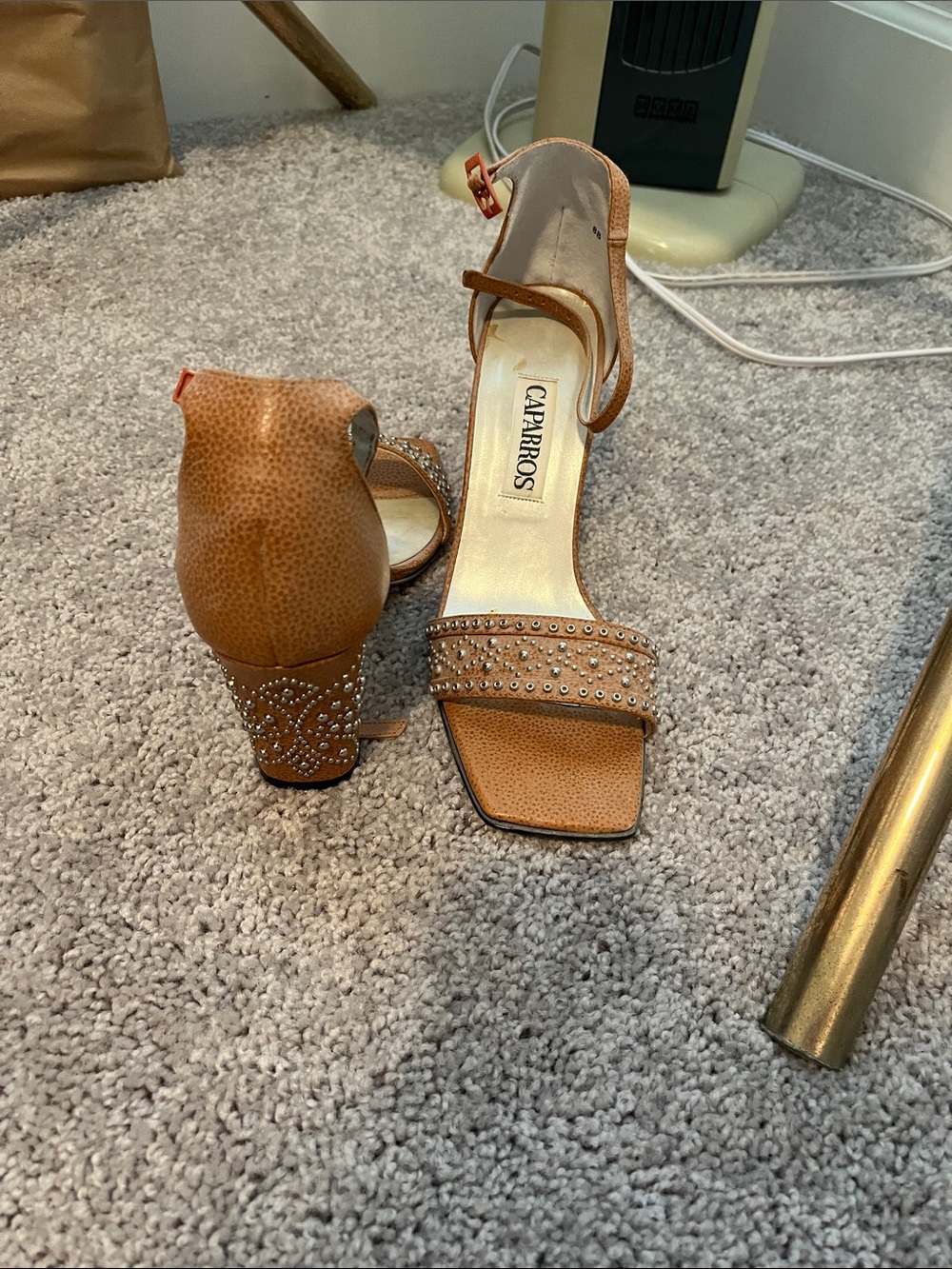 Caparros Tan Studded Block Heel Sandals